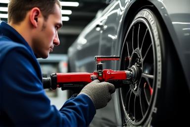Mecánico revisando la suspensión de un coche de carreras